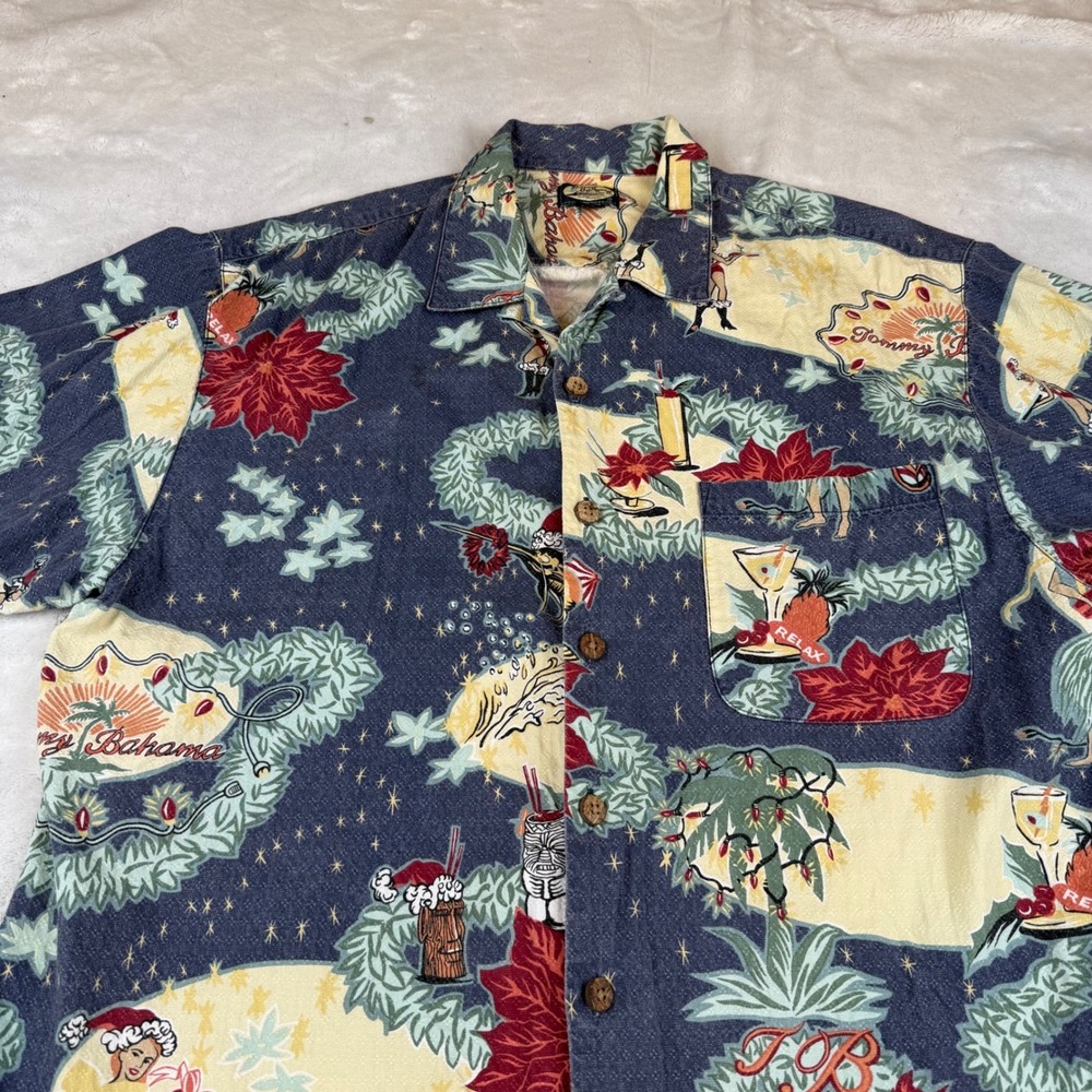 Tommy Bahama Mens Christmas Hula Girl Silk Blend Button Down Shirt Navy Blue L - Picture 2 of 7